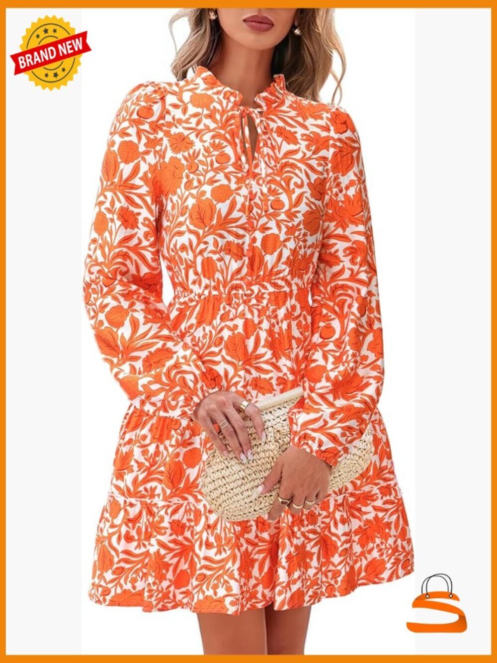 Floral V Neck Long Sleeve Tiered Ruffle A-Line Midi Dress
